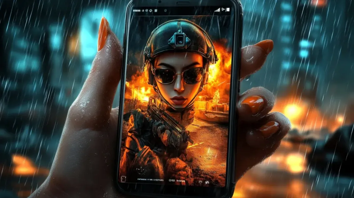 A close-up of a hand holding a smartphone in the rain, displaying a dhk88 action game with a cool female soldier, showcasing the app's immersive graphics.