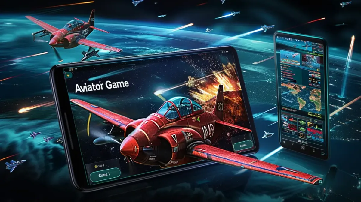 A red airplane from the Aviator game flies over a vibrant casino floor with glowing 777 slot machines, combining two popular gaming options available on the dhk88 platform.
