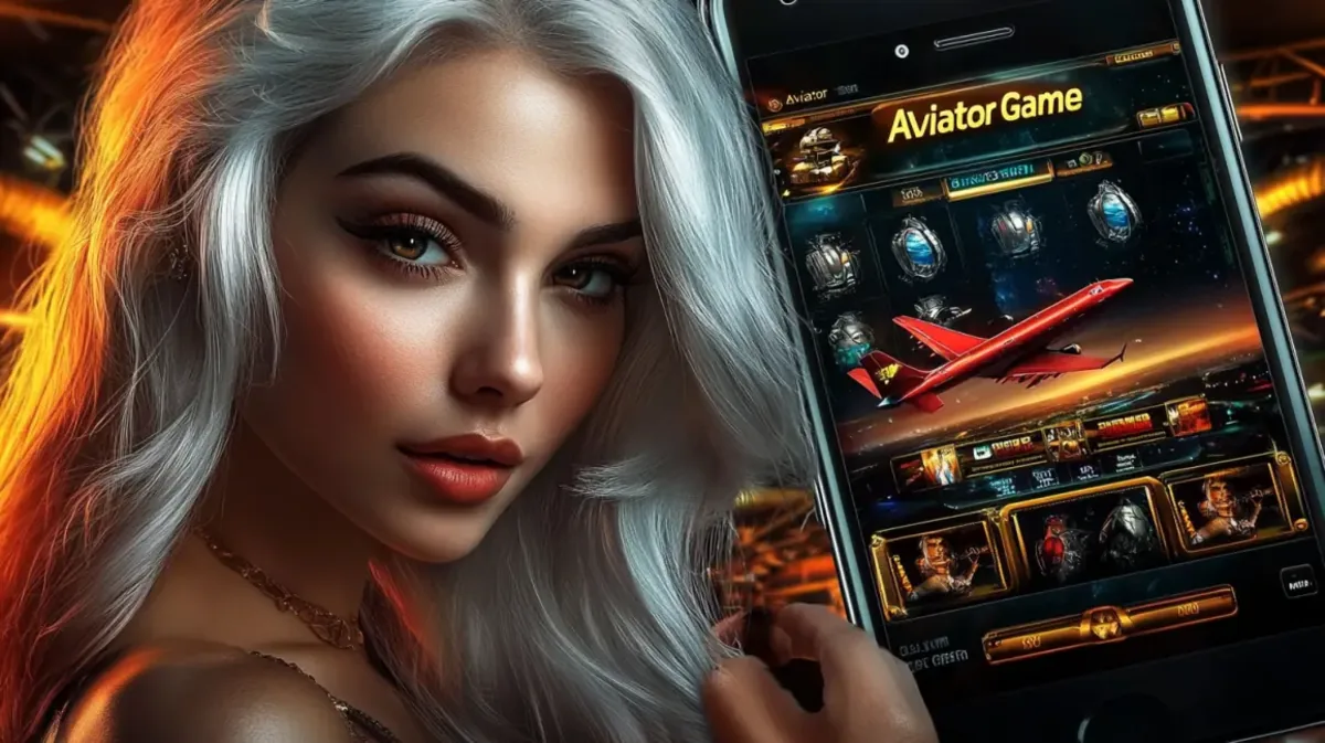 A woman with stunning silver hair holds a smartphone showing the Aviator Game interface with a red airplane, inviting users to play the popular crash game on dhk88.