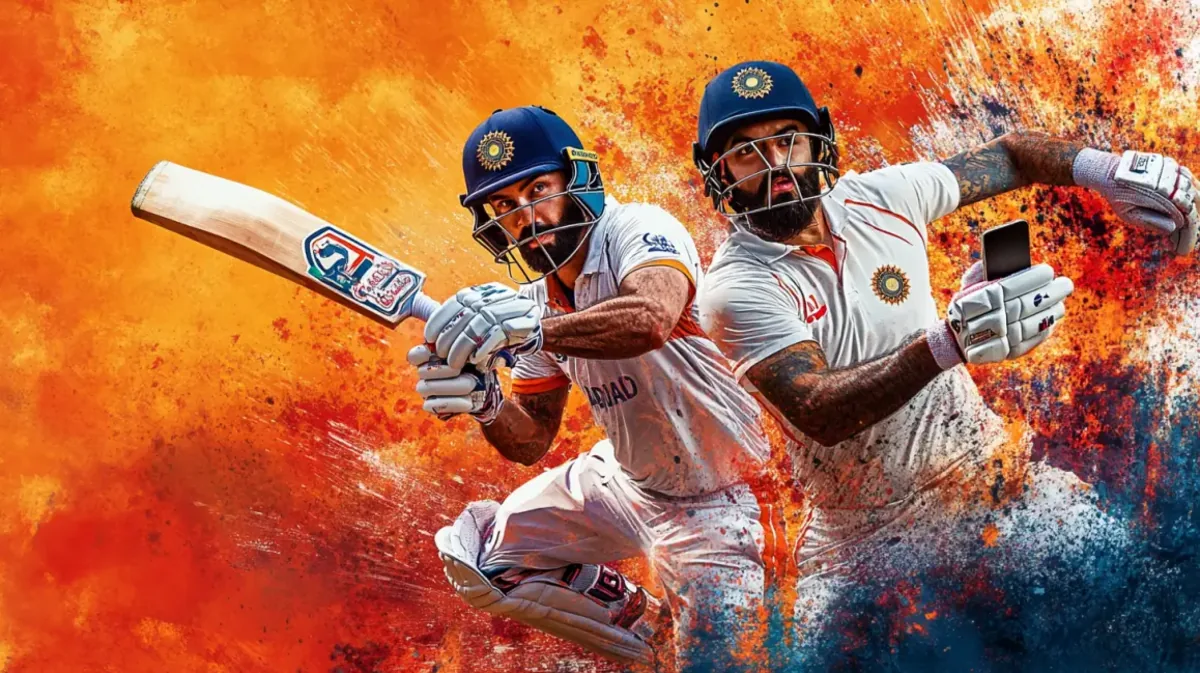 An elegant Indian woman in traditional attire is featured between two screens showing the dhk88 sports betting app with cricket players, promoting online cricket betting.