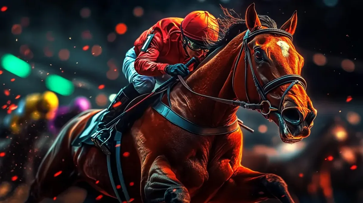 A jockey in a red uniform races a powerful brown horse at full speed down the track, representing the thrilling horse racing betting opportunities available on the dhk88 platform.