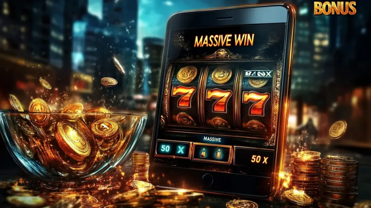 A glamorous woman in sunglasses poses with a wine glass full of gold coins, with BONUS MASSIVE WIN 50X text, promoting high-multiplier wins at the dhk88 online casino.