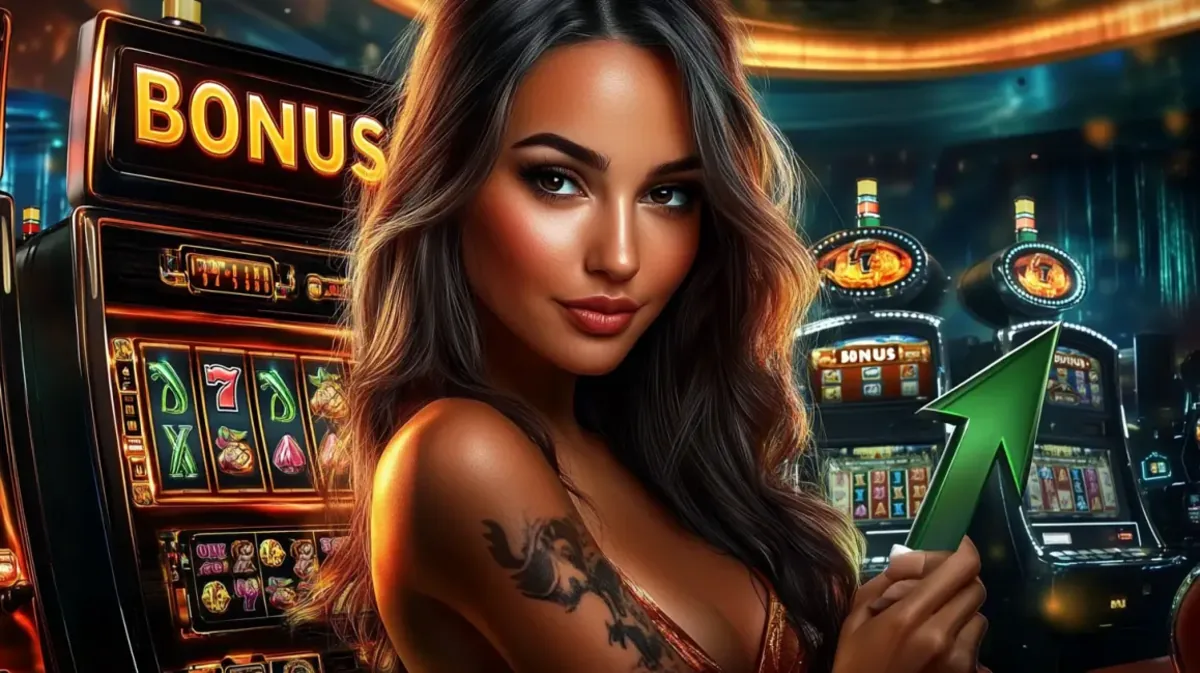 An attractive woman in a casino holds a smartphone, with slot machines in the background and bold text VIPP BONUS in the foreground, advertising exclusive dhk88 member rewards.