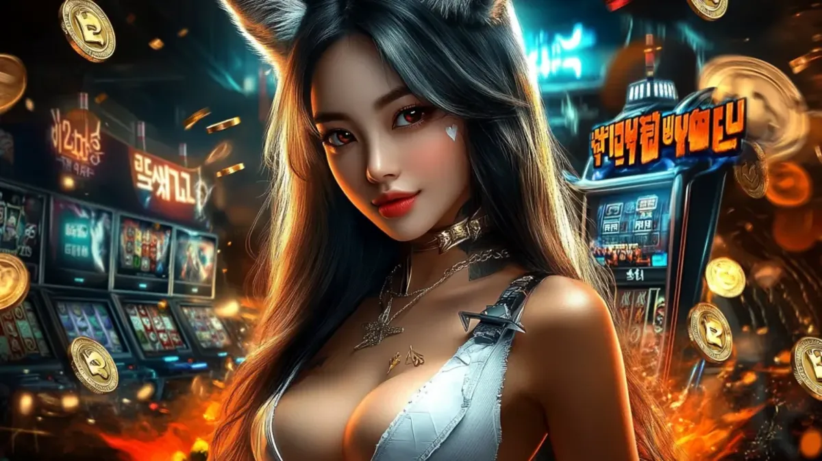 A beautiful woman with long dark hair and fox ears smiles in a vibrant dhk88 online casino, surrounded by glowing slot machines, inviting players to an exciting game.