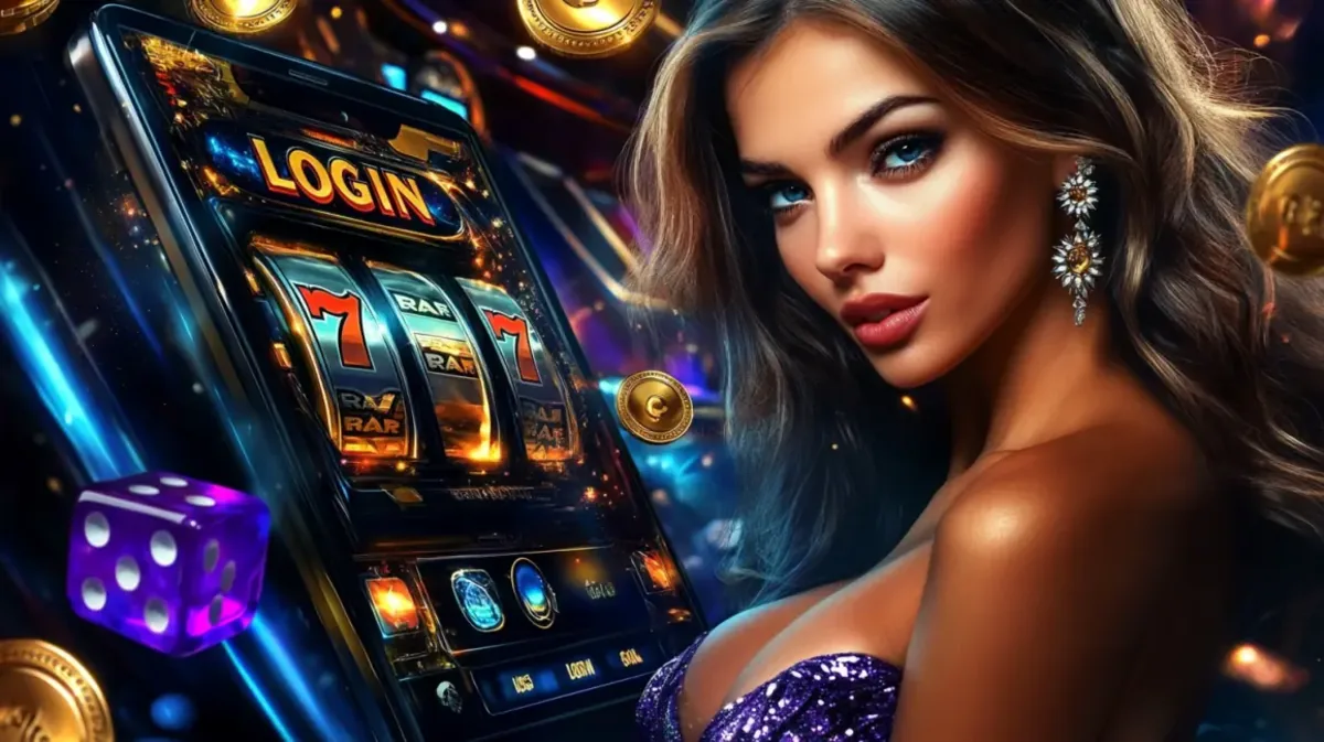 A glamorous woman looking towards the viewer next to a smartphone displaying a classic 777 slot machine with a LOGIN button, encouraging new users to sign up and play at dhk88.