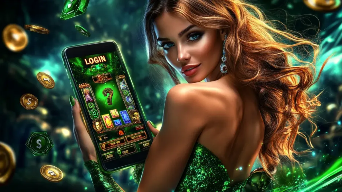 An elegant woman in a sparkling green dress holds a phone with a dhk88 slot game and a clear LOGIN button, surrounded by green gems, prompting users to create an account.