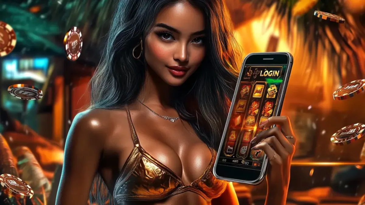 A beautiful woman in a golden bikini holds a smartphone showing a dhk88 casino slot game with a LOGIN button, set against a tropical background, inviting users to register.