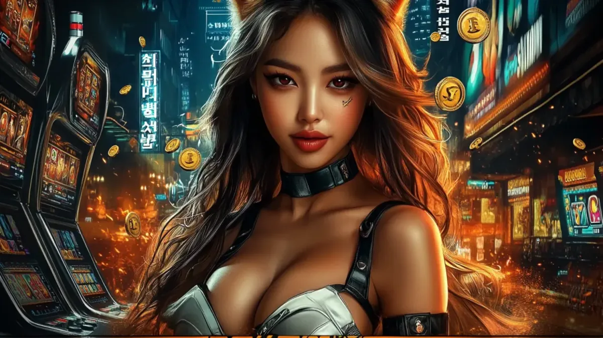 A beautiful woman with cat ears and a choker in a futuristic, neon-lit city street filled with dhk88 slot machines, creating a modern, live casino vibe.