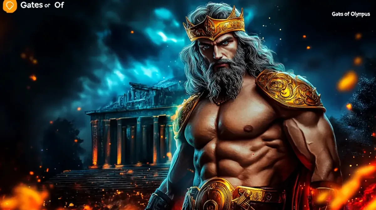 The mighty Greek god Zeus with a crown and muscular physique stands before an ancient temple in the Gates of Olympus slot game, available to play now on the dhk88 platform.